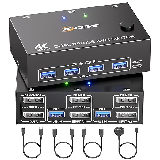 Displayport KVM Switch 2 Monitors 2 Computers 8K@30Hz 4K@144Hz, USB3.0 Dual Monitor KVM Switch for 2 Computers Share 2 Monitors and 4 USB Peripherals,with Wired Remote and 2 USB Cable ﻿