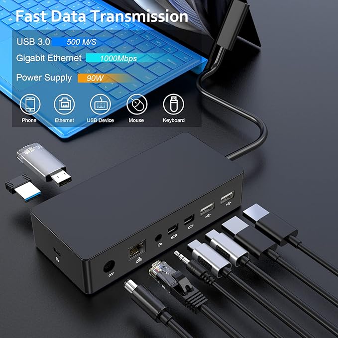 Surface Dock, Surface Pro Docking Station with 90W Power Supply Compatible with Surface Pro11/10/9/ 8/X/7/6/4/3, Surface Laptop 4/3/2/go, Surface Laptop, Surface Book2,Surface Book,Surface Go