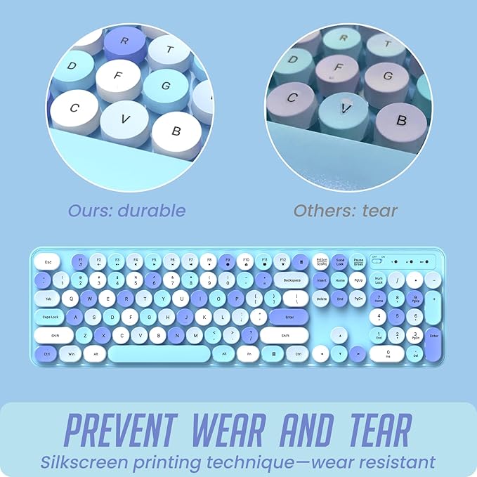 Wireless Keyboard and Mouse, Silent Keyboard Mouse Combo, Full-Sized Colorful Typewriter Keyboard with Round Keycaps, 2.4G Cute Mouse Compatible with PC/Laptop/Computer(Blue White)