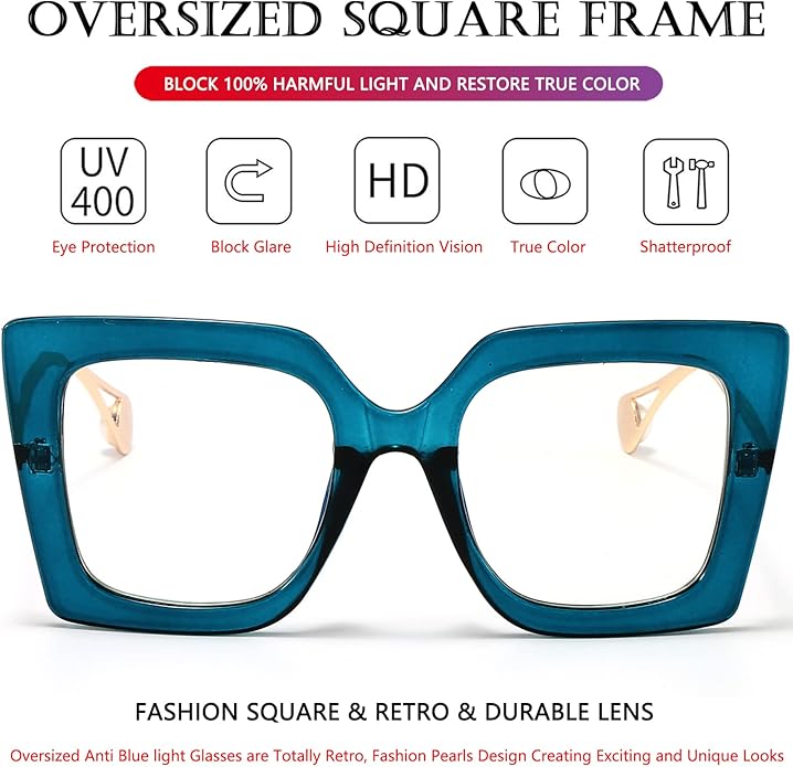 AIEYEZO Oversized Blue Light Glasses for Women, Anti Fatigue Prevent Headache Computer Eyeglasses