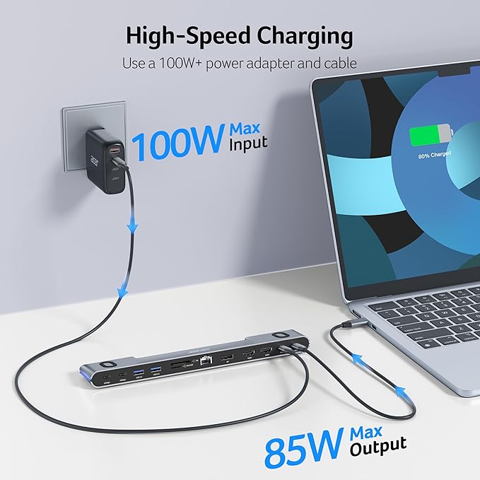 Acer Docking Station 3 Monitors, 11-in-1 Laptop Docking Station Stand with DP 8K + Dual HDMI 4K@60Hz, Ethernet, 10Gbps Data, 100W PD, SD/TF, USB C Dock with Detachable Cable for Acer/Dell/Mac/HP