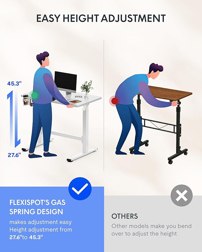 FLEXISPOT H7 Plus Gas Spring Adjustable Standing Desk, Mobile Rolling Sit-Stand Workstation with Whee, Cordless Stand Up Desk for Small Room & Home Office, 40" One-Piece Desktop White,height 27.6"–45"