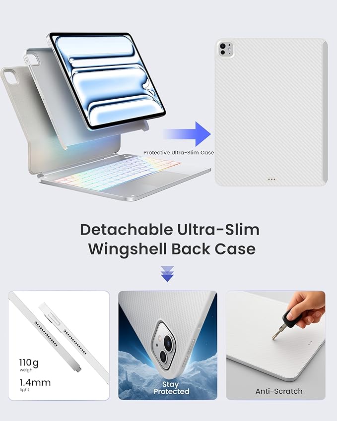 typecase Edge+ Keyboard Case for iPad Pro 13-inch (M5/M4, 2025/2024), Silver Keyboard with 11-Color Backlight, Multi-Mode, Removable Carbon Fiber Back Case, Magnetic Floating Stand, Larger Trackpad