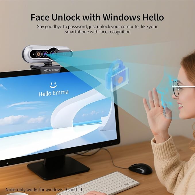 Windows Hello Webcam, 2K 30FPS, 5MP 84°FOV USB Webcam with Noise-reducing Mic, Facial Unlocked, Built-in Privacy Cover, Plug and Play, Wide Compatibility for Personal Meetings, Video Calls