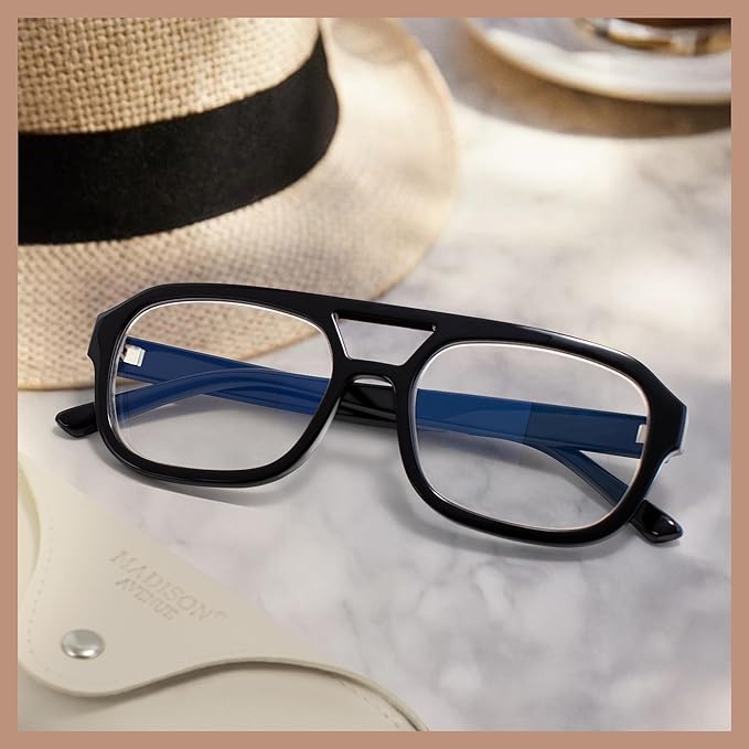 Madison Avenue Retro Aviator Blue Light Blocking Glasses for Women Men with Case, Trendy Rectangle Computer Eyeglasses