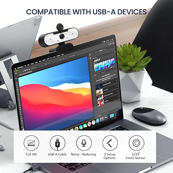 USB HD 1080P Video Webcam and Wide Angle Camera with Built-in Microphone and Rotatable Tripod,for Laptop Computer or Desktop PC,Great for Live Streaming.Calls.Video Conferencing -1 (White)