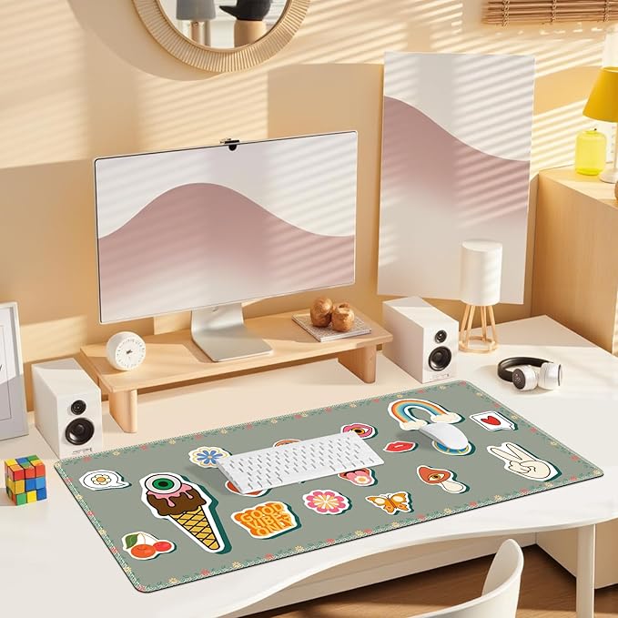 Desk Pad for Keyboard and Mouse, Large Mouse Pad for Desk, Non-Slip Keyboard Mat, Computer Mats for Desk, Cute Desk Pad with Stitched Edges for Office, Gaming I Fashion Funny Icons