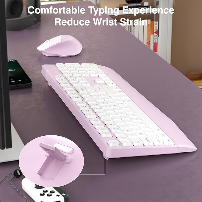 Wireless Keyboard and Mouse Combo, Full-Sized 104 Keys 2.4GHz Wireless Keyboard with Palm Rest and Wireless Mouse for Windows, Mac OS PC/Computer/Laptops/Desktops(Pink)