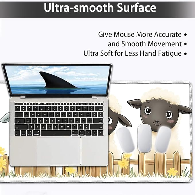 Large Mouse pad and Keyboard Support Set, Ergonomic Memory Foam Keyboard Wrist Rest, Extended Gaming Mouse Pad with Stitched Edges, Cute Little Lamb White XXL Desk Mat (31.5 X 11.8 in)