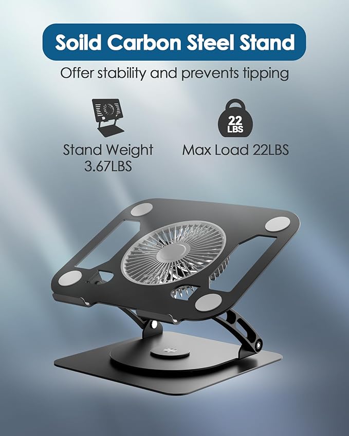 SHUWEI Laptop Cooling Stand with Detachable Desk Fan, Adjustable Height & Angle, 360 Rotating Base, Carbon Steel Framework, Ultra-Quiet & Super Sturdy for up to 16”Laptop-Black
