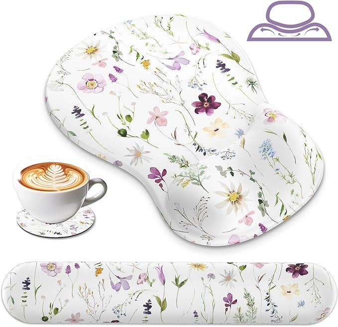 AKIT Valley Design Ergonomic Mouse Pad with Wrist Rest for Computer Keyboard, Cute White Keyboard Mouse Pad with Wrist Support Soft Memory Foam Cushion Mousepad Gaming Wrist Pad for Office Work Desk