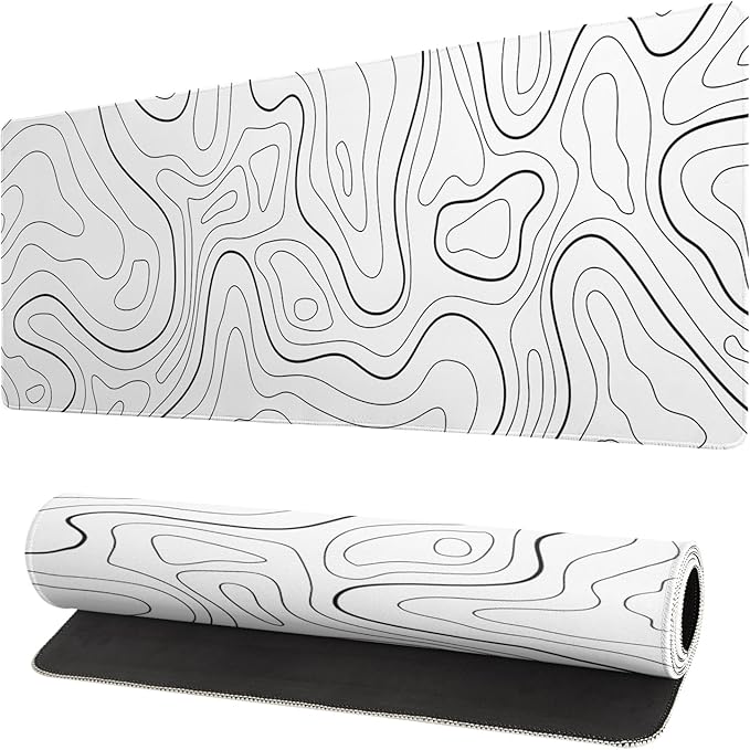 Extended Gaming Mouse Pad, Large Gaming Mouse Waterproof with Stitched Edges, Non-Slip Desktop Pad for Home and Office, Level Up Your 31.5x11.8 Inch… (White Topographic)