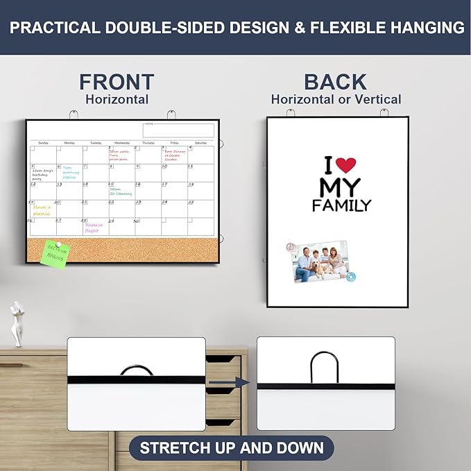 TANKEE Dry Erase Calendar for Wall - 16"X12" Double-Sided Whiteboard Cork Board Como, Small Hanging Magnetic White Board Monthly Calendar for Wall, Home, Office, Kitchen, Planning, School