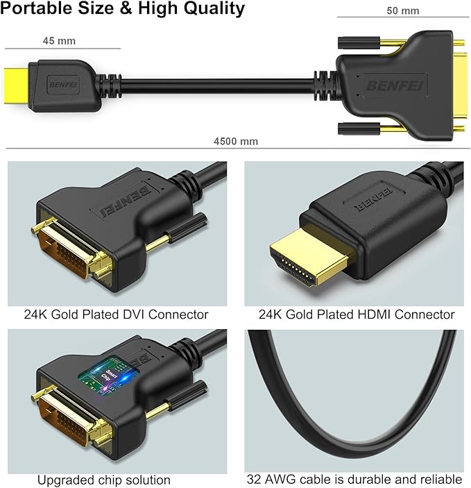 BENFEI HDMI to DVI Cable, 4.5m Bidirectional DVI-D 24+1 Male to HDMI Male Adapter Cable High Speed Compatible 1080P Full HD Compatible for Raspberry Pi, Roku, Xbox One, PS4 PS3