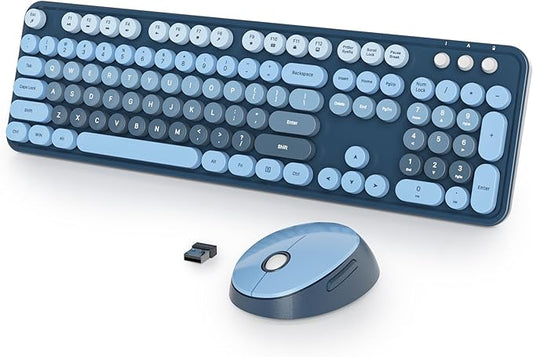 Blue Keyboard and Mouse Combo Wireless, 2.4G Full Size 104-Key Retro Typewriter Keyboards Round Keys for Students Teenagers Home Office PC Laptop(Ocean Blue)