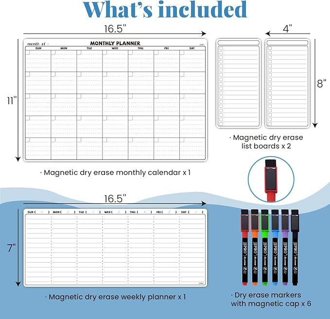 JJPRO Magnetic Dry Erase Calendar for Refrigerator-Reusable Monthly Calendar,Weekly Planner&to Do List for Fridge-Magnetic Monthly,Weekly Planner&List 2pcs-Starts Sunday-16.5x11"