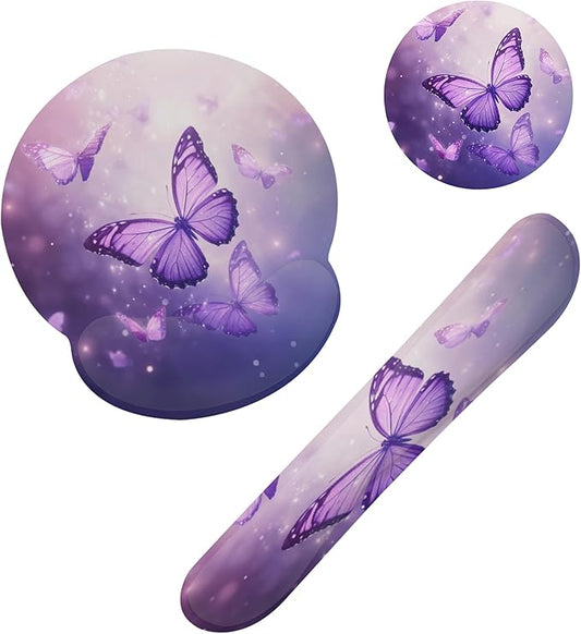 Butterfly Purple Sparkling Keyboard Wrist Rest Pad and Mouse Pad Wrist Support Set,3-in-1 Ergonomic Mouse Pad with Non-Slip Rubber Base for Home Office Game Computers Desk,