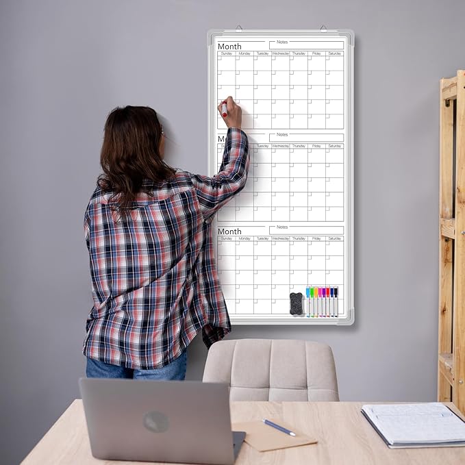 Lincia 36" x 18" Magnetic Vertical 3 Month Dry Erase Calendar for Wall Undated Horizontal Dry Erase Wall Calendar Planner Aluminum Frame Whiteboard for Home Office Projects Fridge