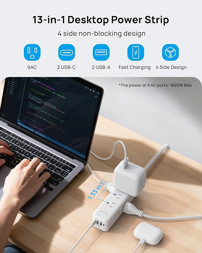 TROND 360° Rotating Flat Plug Power Strip with USB PD 20W, 10FT Flat Extension Cord Surge Protector 1300J with 9 Outlets 4 USB Ports, Wall Mountable, for Home Office Travel Dorm Room Essentials, White