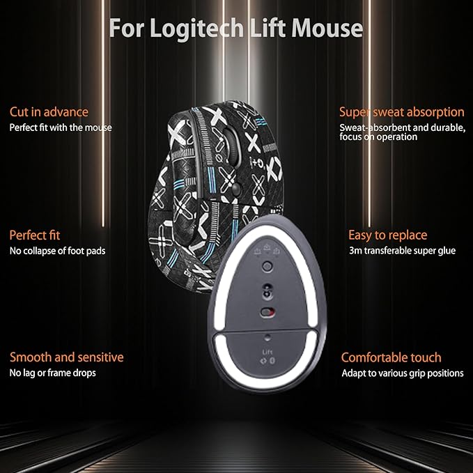 Mouse Grip Tape for Logitech Lift, Rounded Curved Edges Mouse Feet Skates,Self-Adhesive PreCut Sweat-Resistant Professional Mice Upgrade Kit(Foot pad + Black Mouse Grip Tape)