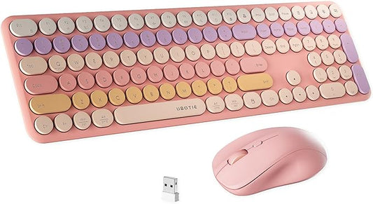 x UBOTIE Wireless Keyboard and Mouse Combo with 110 Round Keycaps, Power Switch, and Scissor-Switch Typing Feel – Ideal for Office Use(Pink Gradient)