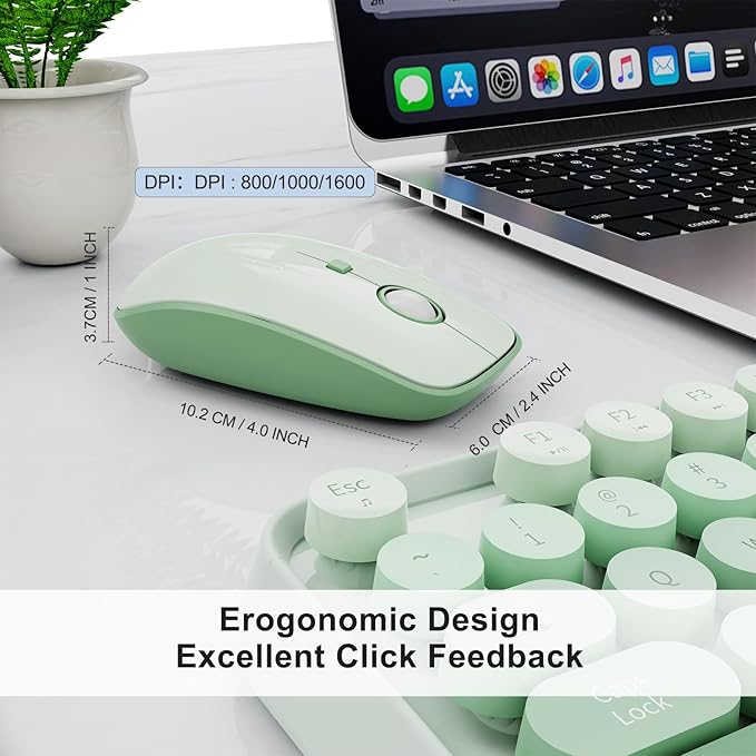 Sage Green Wireless Keyboard and Mouse Combo, Retro Typewriter Style Cute Bubble Keyboard with Round Keys, 2.4GHz Full Size Computer Keyboard and Mouse with 3 DPI for PC Laptop Windows (Mint Green)