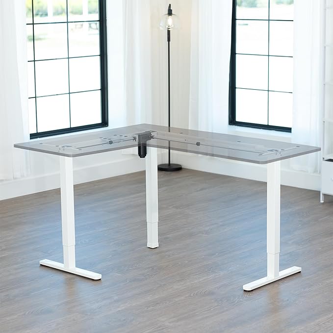 VIVO Space Efficient Electric Single Motor Height Adjustable 3-Leg Corner Standing Desk Frame, Holds up to 225 lbs, Sit Stand L-Shaped Motorized Legs Only, White, DESK-E347W