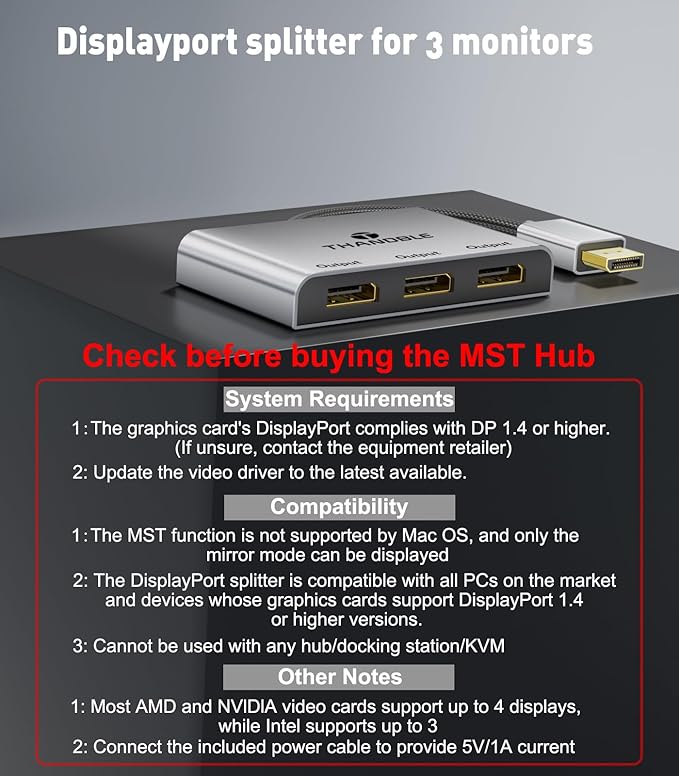 DisplayPort Splitter for Multi Monitor Extended Display, 4K 60Hz 3xDP MST Hub Display Port to 3 Display Port 1 in 3 Out Adapter for NVIDIA, AMD, PC, Windows
