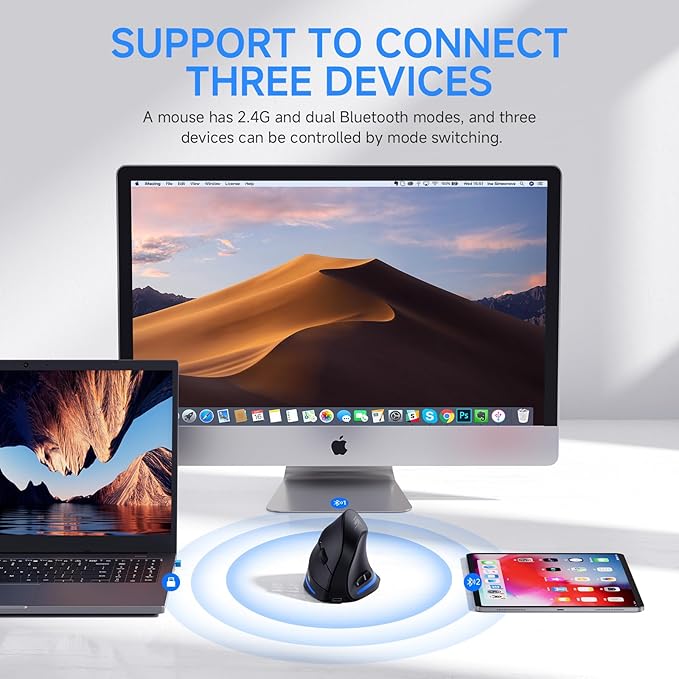 ECHTPower Ergonomic Wireless Mouse, Bluetooth Vertical Mouse with LED Light, Control Up to 3 Devices (BT5.0+BT5.0+2.4GHz), Adjustable DPI 2400/1600/1000, for PC, Laptop, Mac, Windows