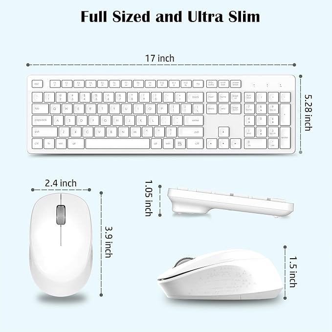 LeadsaiL White Wireless Keyboard and Mouse Combo, Full-Sized Ergonomic Computer Keyboard, 2.4GHz USB Cordless Keyboard Silent Mouse Set, 12 FN Shortcuts for Windows MacOS Laptop Computer