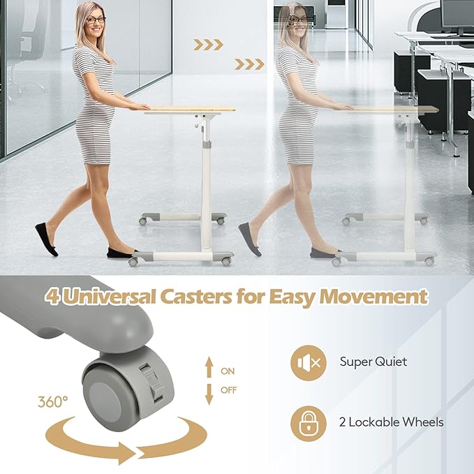 COSTWAY Mobile Height Adjustable Standing Desk, Compact Pneumatic Sit to Stand Computer Desk w/Lockable Casters, Ergonomic Rolling Laptop Table w/Steel Frame for Home Office (Natural)