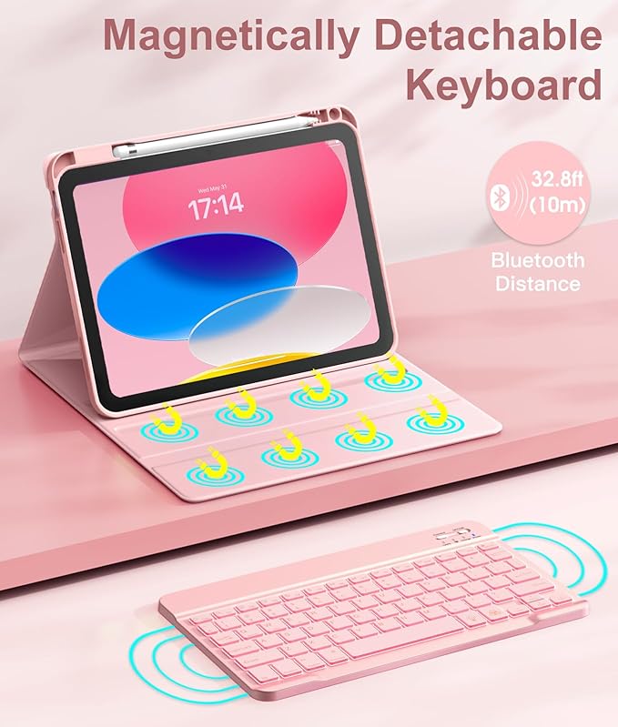 Hamile for iPad 11th 10th Generation Case with Keyboard - 7 Colors Backlit Wireless Detachable Folio Keyboard Cover with Pencil Holder for iPad A16 11-inch 2025 10th Gen 10.9 Inch 2022 (Pink Rose)