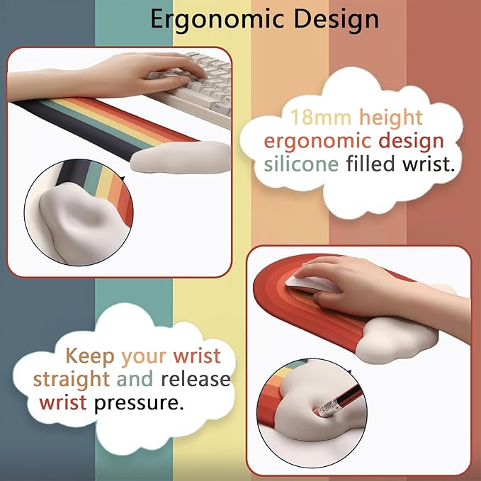 Cute Rainbow Mouse Pad with Wrist Rest for Mouse Pad Gel Cloud Keyboard Wrist Rest PU Base Silicone Ergonomic White Cloud Mouse Wrist Pad Support for Gaming Desk Laptop Home Office