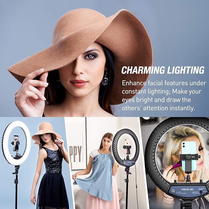 Yesker Ring Light 18 Inch with Stand Tripod Big Selfie Ringlight Adjustable 6000K Dimmable LED Portable Professional Ring Lights Kit Phone Holder for Camera Live Streaming Makeup YouTube Video TikTok