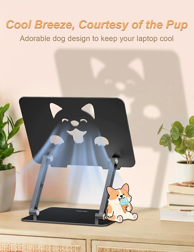 Laptop Stand for Desk-Adjustable, Foldable, Portable, Ergonomic Aluminum Notebook Riser with Unique Puppy Cooling Vent, Desk Gift for 10"-17.3" Devices Mac, Dell, HP, Lenovo, Samsung, Black