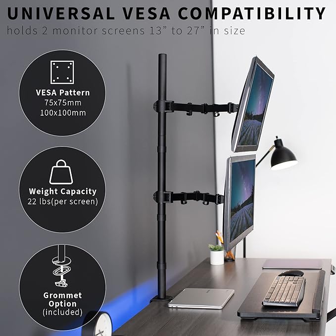 VIVO Extra Tall Vertically Stacked Dual Monitor Desk Mount Stand with 39 inch Stand-up Pole, Fully Adjustable Extended Arms, Fits 2 Screens up to 27 inches, STAND-V012T