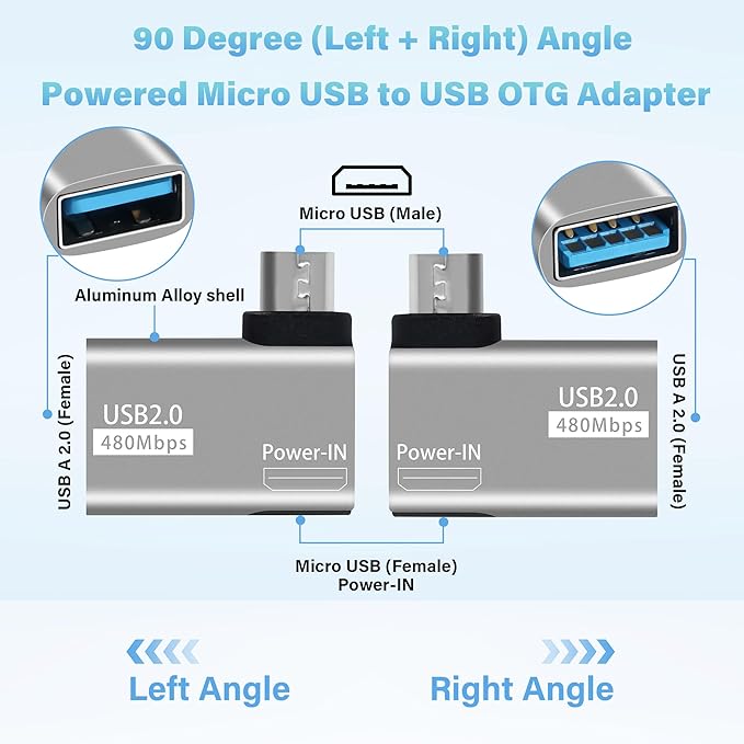2 Pack OTG Cable Adapter for Fire TV Stick,90 Degree Left & Right Angle Powered Micro USB to USB OTG Adapter for Android Phone Tablet and More Host Devices with Micro USB (with 2 USB A to Micro Cable)