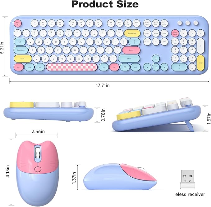 MOFII Wireless Keyboard and Mouse Combo, Cute Keyboard Full Size and Wireless Mouse, 2.4GHz Retro Typewriter Keyboard Mouse Set for PC/Desktop/Laptop/Windows (Pale Blue Colorful)