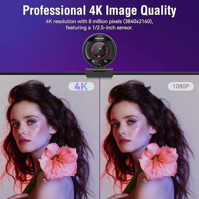4K Webcam with Microphone for PC Laptop 1080P@60fps Web Cam with Privacy Cover for Streaming with PDAF 8X Digital Zoom for Desktop Camera for Mac Windows USB Web Cam for Teams/Twitch/Zoom/Meeting