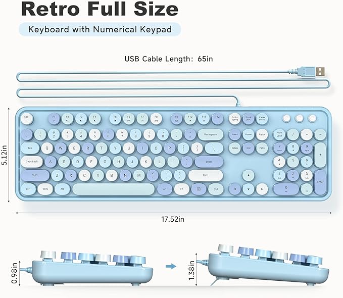 KNOWSQT Wired Computer Keyboard - Blue Colorful Retro Full Size Round Keycaps Plug and Play Typewriter Cute Keyboards for Windows, Laptop, PC, Desktop, Computer