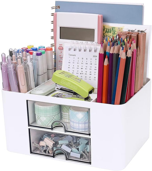 Plastic Pen Organizer, Multifunctional Desk Organizer with 2 Drawers, 4 Compartments & a Top Tray, Pencil Holder Desktop Organizers and Accessories for Office, 7.7" x 5.5" x 3.9" (White)