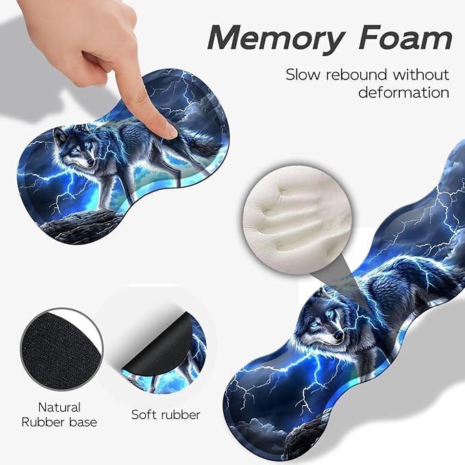 Gaming Mouse Pad Set, Majestic Blue Wolf Large Desk Mat Mousepad, Keyboard Wrist Support, Mouse Wrist Rest, Coaster 4in1 Ergonomic Memory Foam, Non-Slip Stitched Edge for Home Office