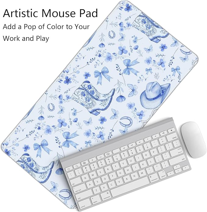 Western Cowgirls Desk Mat,Blue and White Floral Bow Mouse Pad,Blue Chinoiserie Large Mouse Pad,Preppy Coquette Girly Laptop Desk Mat for Dorm Western Accessories Gaming Mousepad 23.6x11.8In