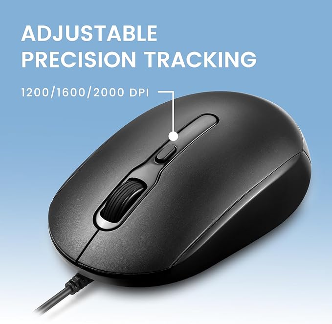 Perixx PERIMICE-222UB Wired USB Optical Mouse, Long 5.9 Ft Cable, Adjustable DPI 1200/1600/2000, Silent Clicks, Ergonomic Design, Black