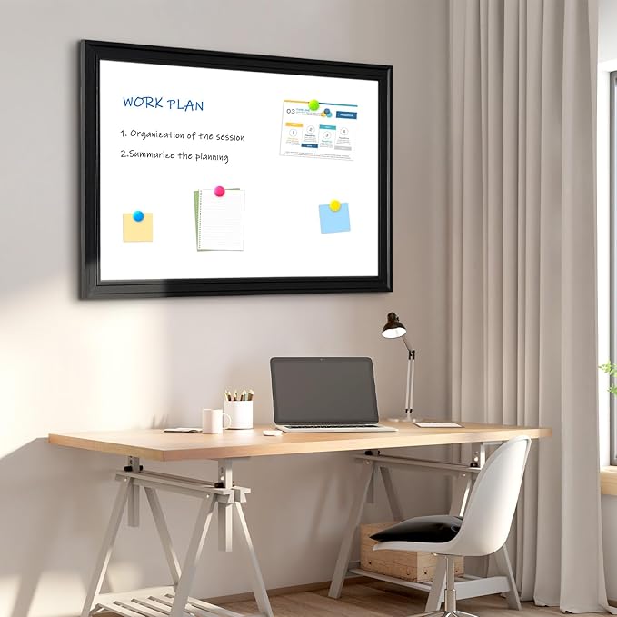 4 THOUGHT Dry Erase Board, 18 x 24 in Magnetic Whiteboard Black Vintage Wood Frame Wall-Mounted White Board Decorative Notice Board for School, Office, Home, Kitchen with 8 Magnets 4 Markers 1 Eraser