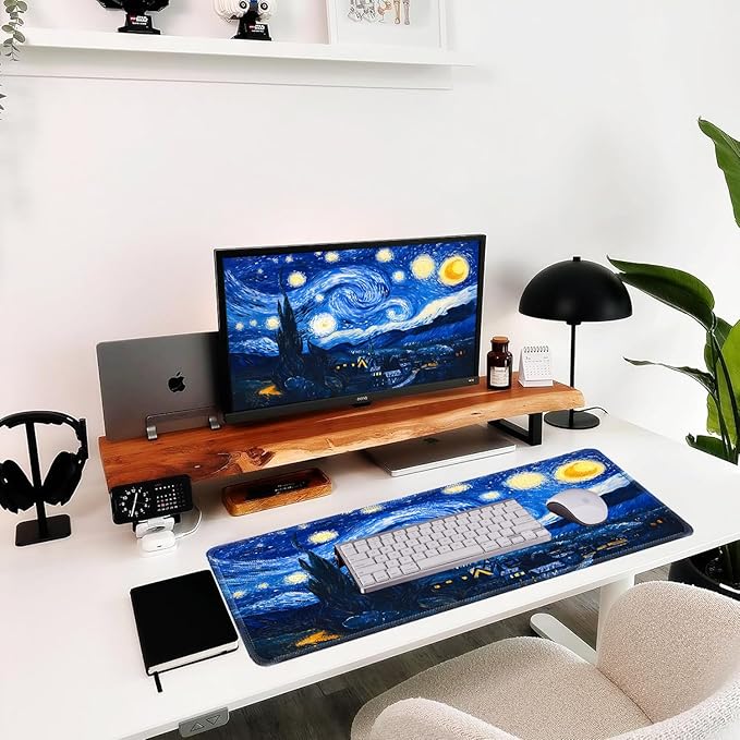 Van Gogh cat Starry Night Mouse Pad, Large Gaming Mouse Mat (31.5x11.8in), Micro-Woven Cloth Surface, Non-Slip Rubber Base, Machine Washable, for Office & Home