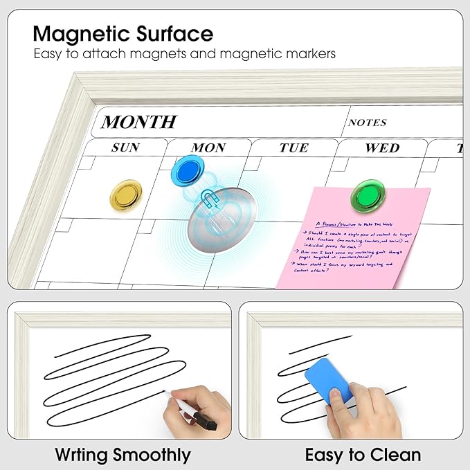 MaxGear Calendar Whiteboard for Wall, 17 x 13 Inch Double Sided Monthly Calendar Whiteboard with Cork Board Strip, Magnetic Dry Erase Board with Wooden Frame for Kitchen and Home Office Planning