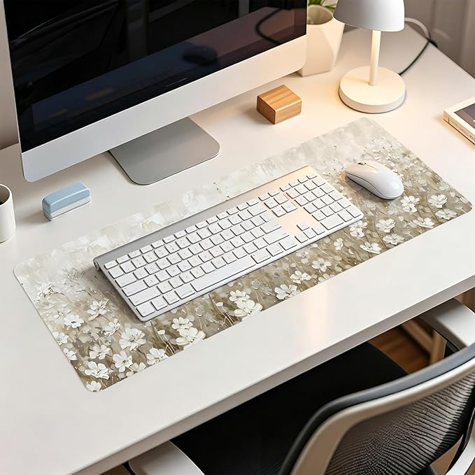 Beige Spring Floral Mouse Pad,Summer Wildflower Aesthetic Mouse Pads,Cottagecore Flower Desk Mat,Cream Floral Botanical Mousepad for Home Office Dorm Desktop Decor,31.5x11.8 Inch
