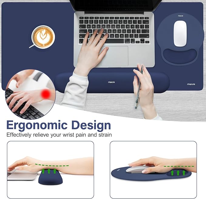MOSISO Wrist Rest for Keyboard Mouse Pad Set, Large Gaming Deskpad&Circle Curved Mousepad&Keyboard Wrist Rest&Coaster, Ergonomic Non-Slip Mousepad&Easy Typing Pad with Silicone Lining, Navy Blue