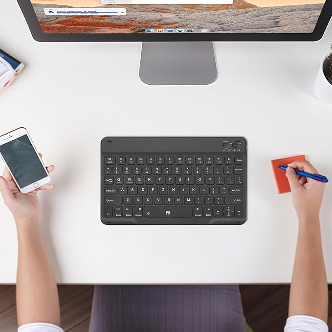 Rii RK302 Ultra-Slim Bluetooth Keyboard for ipad,iPhone,Android,Samsung,Windows,Mac,Linux,Tablet,Laptop, Rechargeable Ergonomic Wireless Keyboard,Black